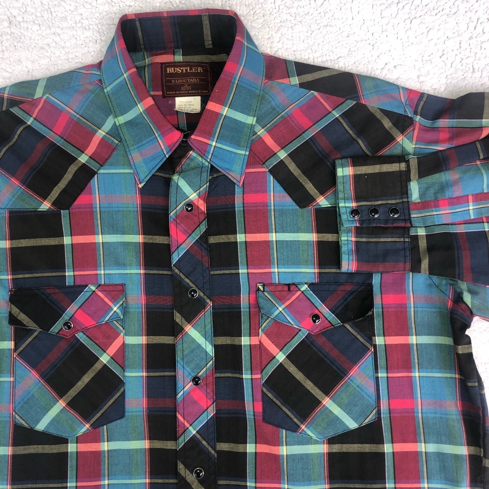 Rustler western shirt vintage bright plaid men’s size 16 32/33 x-long tails